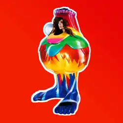 Björk is depicted in a metallic sculptural costume in the shape of a "fat" bottle with feet, coloured brightly in red, yellow, pink, green and blue, in front of a red background. The sculpture has a big pearl on one of its sides and a hole that shows Björk's head.