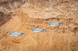 Eurofighter of the Royal Air Force in front of the Masada Fortress during Blue Flag 2021