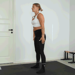 a person performing bodyweight squats in a controlled, repetitive motion. The person likely maintains a straight posture, engages their legs, and follows proper squat mechanics. The background may be minimal or feature a training environment. The focus is on lower-body movement, emphasizing quadriceps, hamstrings, and glutes.
