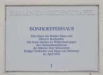 Berlin memorial plaque at Bonhoeffer house.