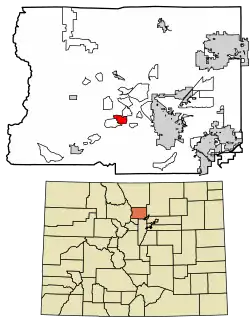 Location of the Mountain Meadows CDP in Boulder County, Colorado.