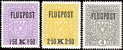 Austria, 1918: Austro-Hungarian Empire stamps overprinted 'FLUGPOST' for airmail. Also surcharged.
