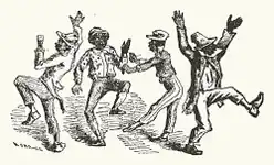 Four blackface performers making exaggerated movements with arms and legs.