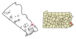 Location of Yardley in Bucks County, Pennsylvania (left) and of Bucks County in Pennsylvania (right)