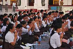Image 42A group of Buddhist worshipers at Shwedagon Pagoda, an important religious site for Burmese Buddhists (from Culture of Myanmar)