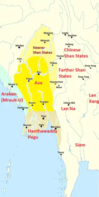 Image 35Political map of Burma (Myanmar) c. 1450 CE. (from History of Myanmar)