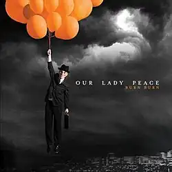 A photo of an old man holding orange balloons floating in the sky with a city in the background against a black and gray sky