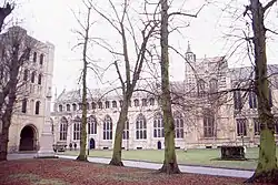 St Edmundsbury Cathedral in 1997, showing new chancel but unfinished central tower; Norman Tower to the left