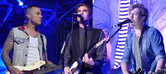 Collage of Busted performing in 2016 (from left to right): Willis, Simpson, Bourne.