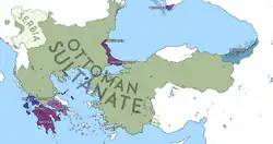 A map of the Byzantine Empire and Ottoman Empire in 1453. Successor states, including Morea, Athens, Epirus, Trebizond, and Theodoro, are also featured