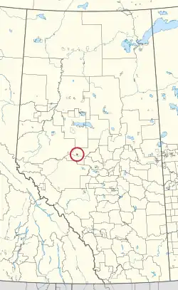 A map of the province of Alberta showing 80 counties and 145 small Indian reserves. One is highlighted with a red circle.