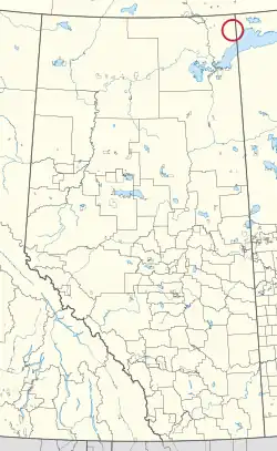 A map of the province of Alberta showing 80 counties and 145 small Indian reserves. One is highlighted with a red circle.