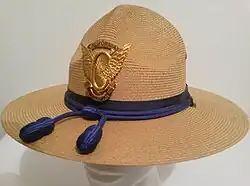 A straw campaign hat with a large California Highway Patrol badge at the front and a hatband with a blue campaign cord over it