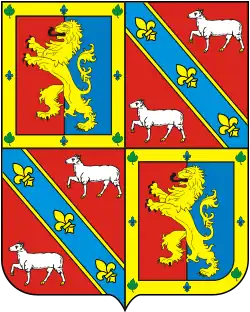 The shield from the coat of arms of the Marquis of Paraná with the arms of Neto family consisting of a golden rampant lion on an azure and red background alternating with the arms of the Carneiro family consisting of two white sheep on a red background and divided by an azure bend containing three golden fleur-de-lis