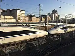Consolidated models of CRH380A are often double-headed in operation (seen at Beijing West railway station)