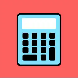 A cartoon depiction of a scientific calculator with a cyan body, white display, and black buttons on a light red background.