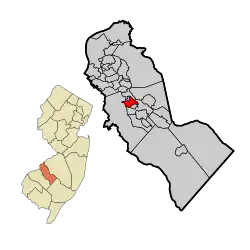 Location of Stratford in Camden County highlighted in red (right). Inset map: Location of Camden County in New Jersey highlighted in orange (left).
