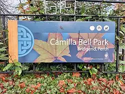 Signage at the Camilla Bell Park in Bridgend, Perth