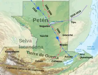 Northern Guatemala is a flat lowland plain dropping off from the Cuchumatanes mountain range sweeping across in an arc to the south. To the east of the mountains is the large lowland Lake Izabal, with an outlet into the Amatique Bay to the east, which itself opens onto the Gulf of Honduras. Immediately north of the mountains is the Lacandon forest, with Petén to the northeast. Ystapalapán was a settlement in the western Cuchumatanes. Cobán was in the foothills half way between Ystapalapán in the west and Lake Izabal in the east. Xocolo was at the northeastern extreme of Lake Izabal, where it flows out towards the sea. Nito, also known as Amatique, was on the coast where the river flowing out of the lake opened into the Amatique Bay. Lake Petén Itzá was in the centre of Petén, to the north. It was the location of Nojpetén. Tipu was situated to the east of Nojpetén, just to the east of the modern border with Belize. The "Tierra de Guerra" ("Land of War") covers a broad northern swathe of the mountains and the southern portion of the lowlands. The 1525 entry route crossed from the north, to the northwest of Lake Petén Itzá, passing the western tip of Nojpetén and close to the city. It then continued southeast to Xocolo, where it turned northeast to Nito, where it ended on the Caribbean coast. The 1618–1619 route entered from northeastern Belize and crossed southwest to Tipu, then headed westward to Nojpetén. A 1695 route left Cahabón and headed northeast before turning north to Mopán. From Mopán it curved northwest to Nojpetén. The 1695–1696 route entered from the north extreme and meandered southwards to Nojpetén.