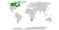 Map indicating locations of Canada and South Africa