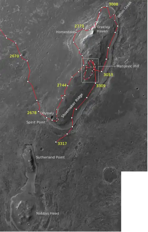 Opportunity's traverse on Cape York from Sol 2678 to Sol 3317 with some additional annotations of the main features.