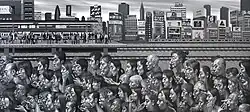Monochrome painting of Shinjuku station commuters