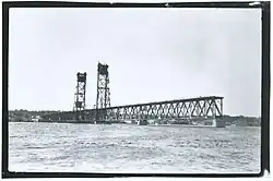 A long, incomplete stretch of the Carlton Bridge over the Kennebec River.