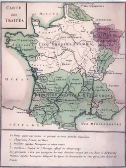 Status of French customs in 1732 roughly clinging to linguistic boundaries; Labourd including Bayonne shows an autonomous fiscal system