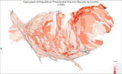 Cartogram of Republican presidential election results by county