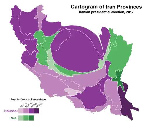 Iranian presidential election, 2017 by province. The area of each province is proportional to the number of its total votes.