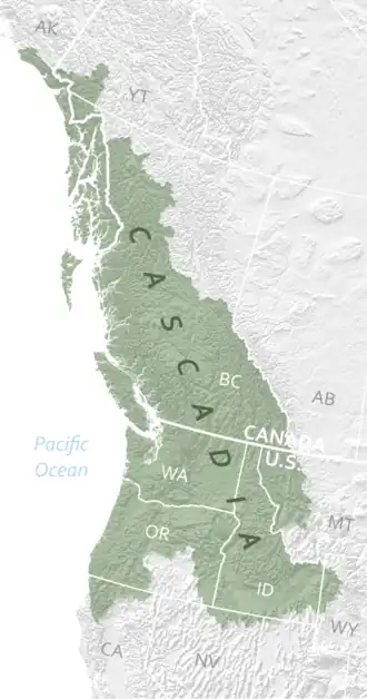 Boundaries of the bioregion with respect to current political divisions (Washington, Oregon, Idaho and British Columbia).