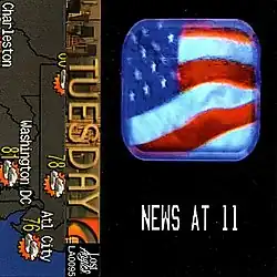 On the right, the original cover art. On the center left, vertical text reading "TUESDAY" overlaid on top of the New York City skyline; on the left, a snapshot from the Weather Channel broadcasting weather information.