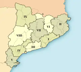 Territorial division of Catalonia according to the decree of the Generalitat of October 1936