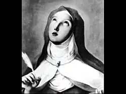 B&W portrait engraving of a young woman in a Catholic nun's habit looking upwards.