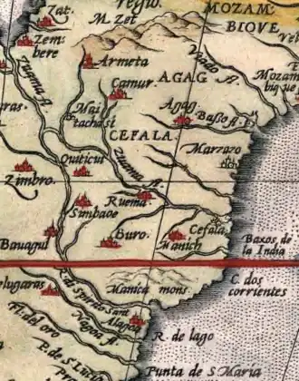 Great Zimbabwe appears on Abraham Ortelius' 1570 map Africae Tabula Nova, rendered "Simbaoe".