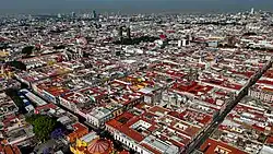 Aerial view obtained with drone of the Historic Center of the City of Puebla, Puebla, Mexico.
