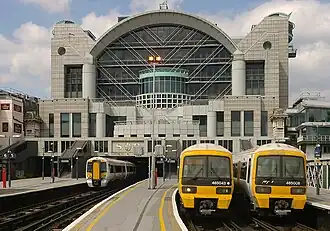 An image of Charing Cross Station with Southeastern trains at the platform.