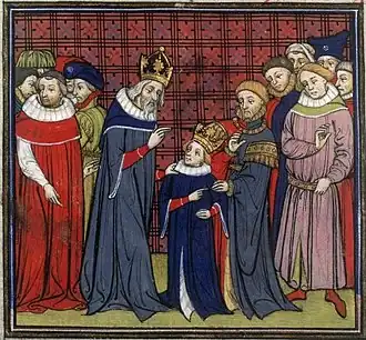 Miniature of Charlemagne talking to his son, with other men nearby
