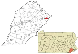 Location of Berwyn in Chester County and of Chester County in Pennsylvania