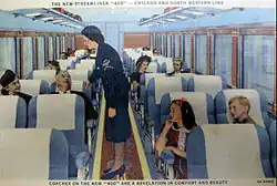 Coach car with stewardess, c. 1940s.