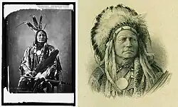 Left: 1872 Photograph of Chief Running Antelope by Alexander Gardner. Right: 1899 G.F.C. Smillie engraving of Running Antelope adorned with a different war bonnet