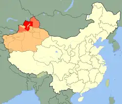 Tacheng prefecture (red) in Ili prefecture (light red) and Xinjiang (orange)