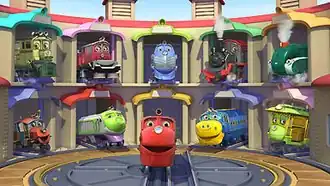 The characters in their sheds from left to right going down: Dunbar, Irving, Harrison, Old Puffer Pete, Olwin, Hodge, Koko, Wilson, Brewster, and Zephie