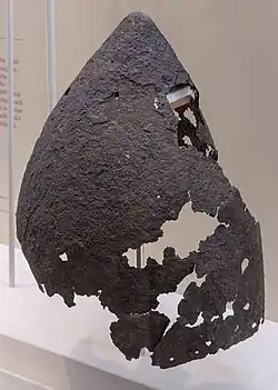 Remains of a bascinet made of iron, 14th–15th century. Found in Clashnamuck, County Laois.