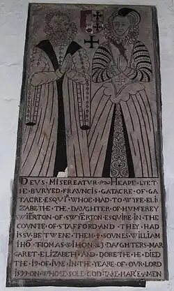 Tombstone of Francis Gatacre (died 1599) and Elizabeth Swynnerton, daughter of Humphrey Swynnerton. The stone is now mounted on a wall in the south chapel of All Saints church.