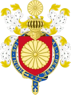 Western arms of Akihito as a Knight of the Garter, using his mon as both a charge and a crest