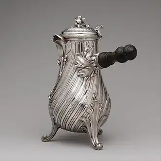 Image 28Kaffa kalid coffeepot, by French silversmith François-Thomas Germain, 1757, silver with ebony handle, Metropolitan Museum of Art (from History of coffee)