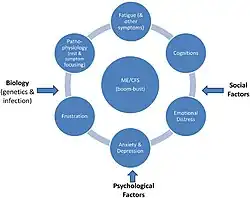 A chart that shows fatigue and other symptoms, cognitions, emotional distress, anxiety and depression, frustration, rest, and symptom focusing as factors perpetuating ME/CFS