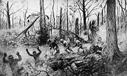 monochromatic artwork of marines fighting Germans in a forest