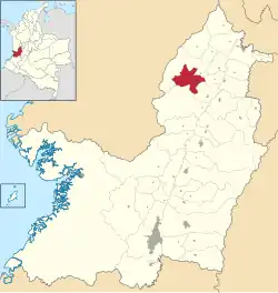 Location of the municipality and town of El Dovio in the Valle del Cauca Department of Colombia.